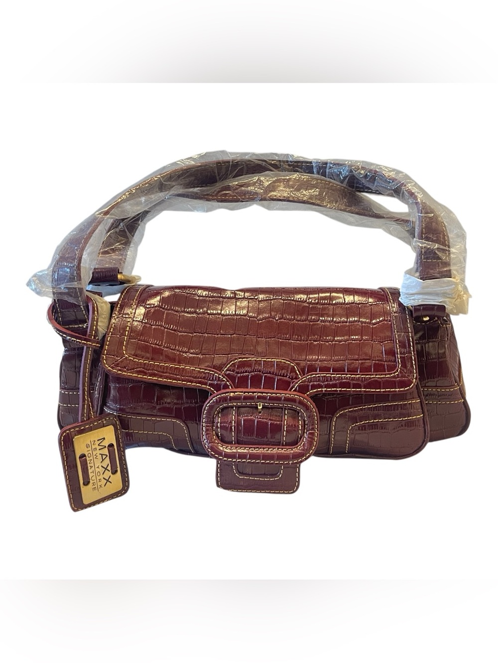 NWT Maxx New York Croc Embossed Shoulder Bag - Y2K Burgundy Buckle Purse - Picture 2 of 7